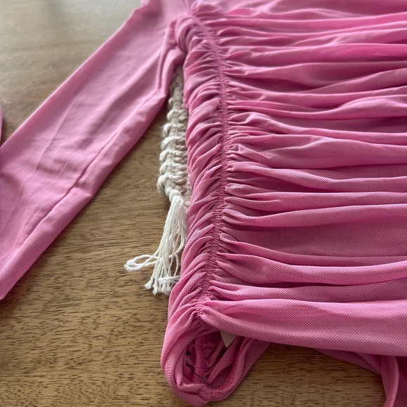 Free People Intimately Pink Ruched Mesh Long Sleeve Bodysuit Small - Picture 5 of 8